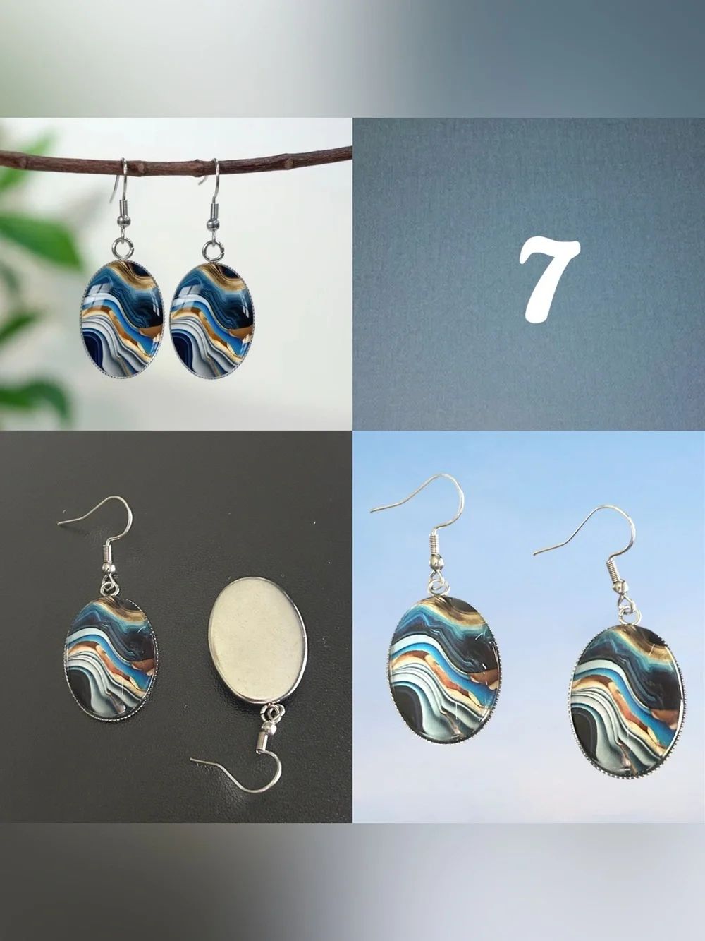 Glass Dome Teardrop Dangle Earrings Floral & Abstract Watercolor Cabochon Design